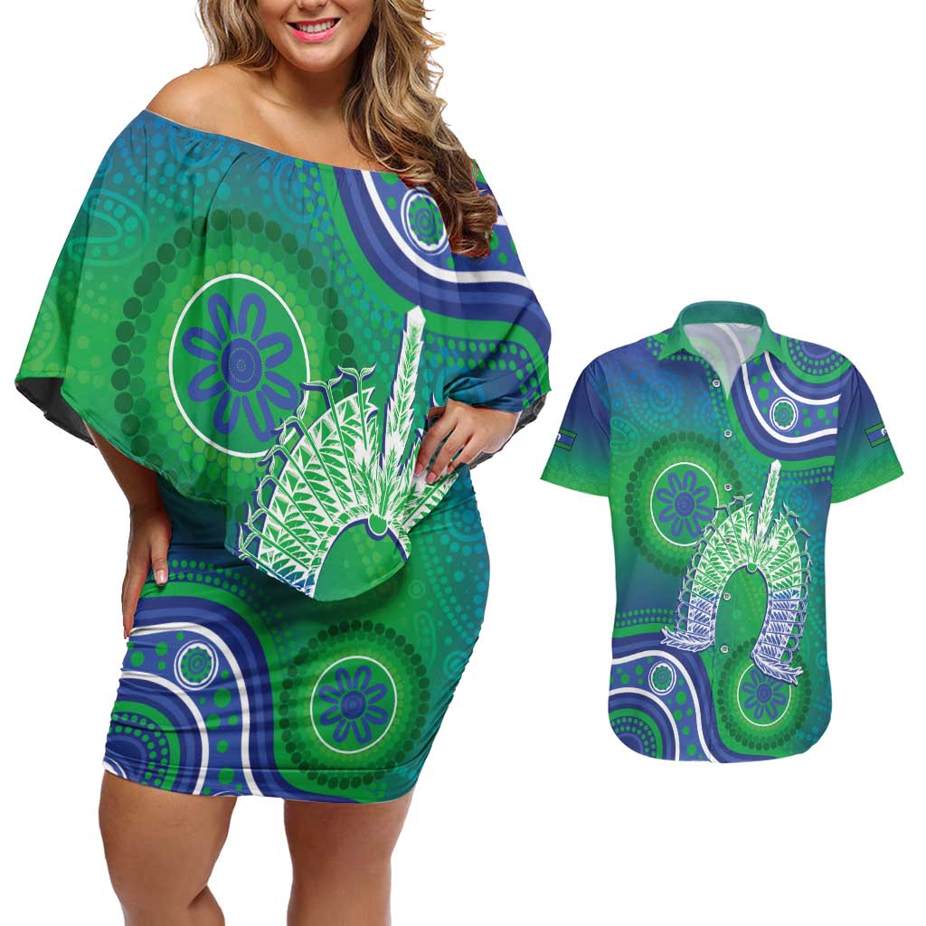 Australia Torres Strait Islanders Couples Matching Off Shoulder Short Dress and Hawaiian Shirt Dhari Aboriginal Pattern