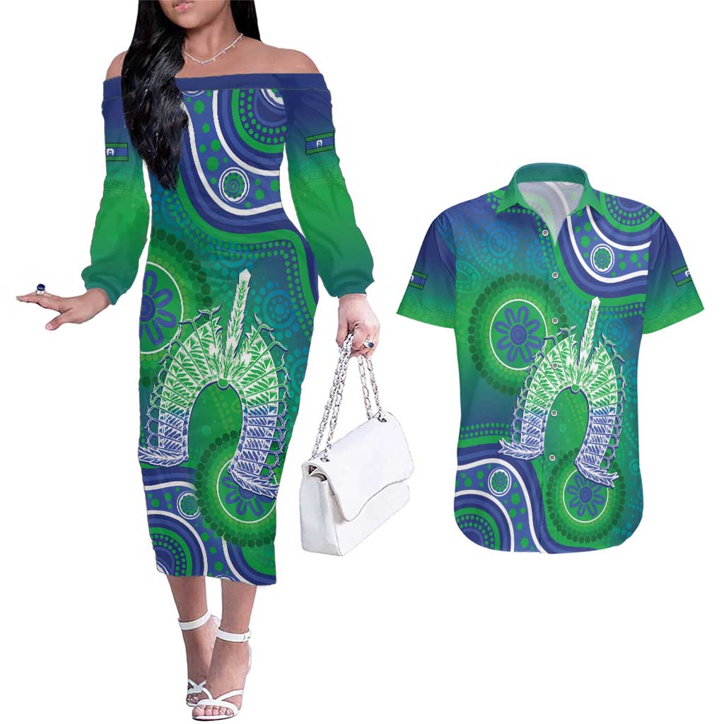 Australia Torres Strait Islanders Couples Matching Off The Shoulder Long Sleeve Dress and Hawaiian Shirt Dhari Aboriginal Pattern