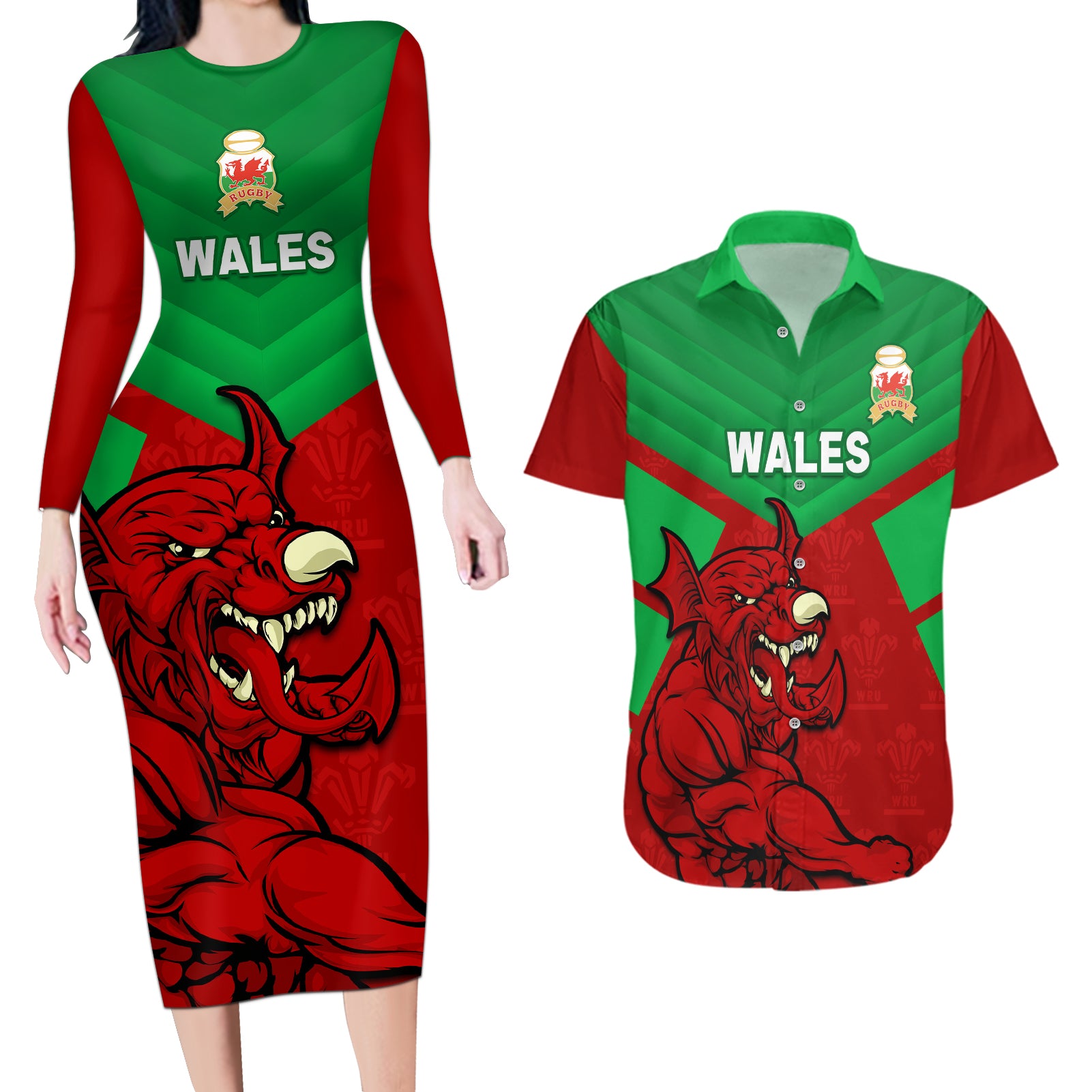 custom-wales-rugby-couples-matching-long-sleeve-bodycon-dress-and-hawaiian-shirt-2024-six-nations-come-on-cymru-mascot-sporty