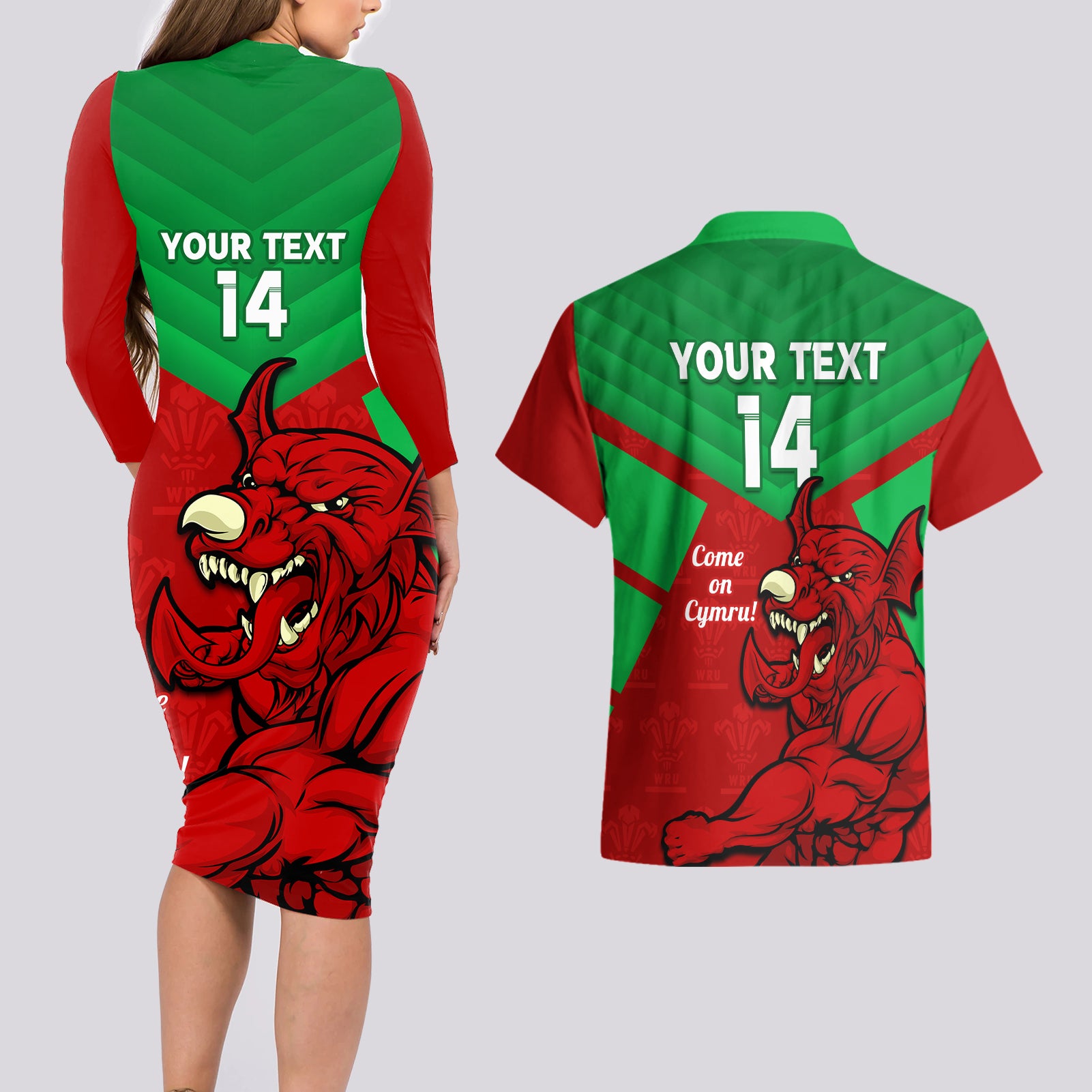 custom-wales-rugby-couples-matching-long-sleeve-bodycon-dress-and-hawaiian-shirt-2024-six-nations-come-on-cymru-mascot-sporty