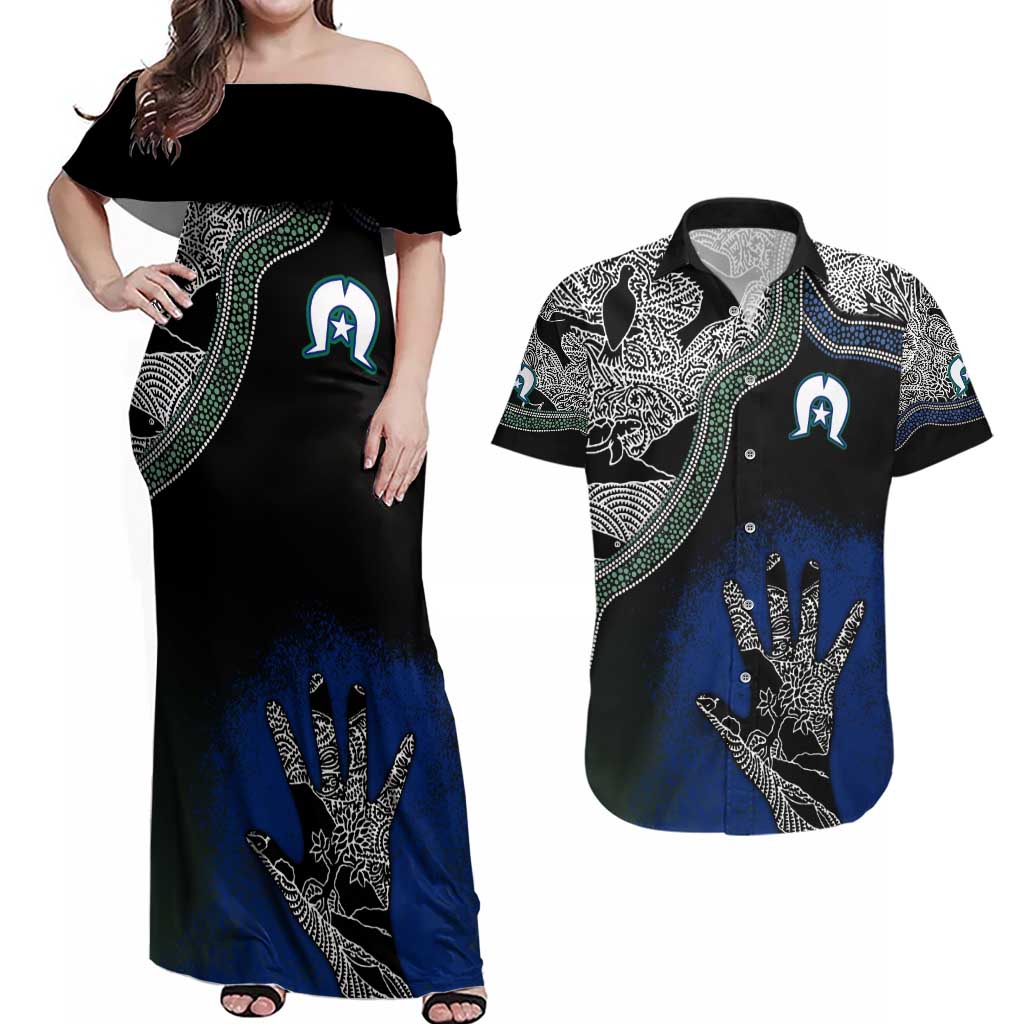 Black And White Aboriginal - Torres Strait Islanders Flag Couples Matching Off Shoulder Maxi Dress and Hawaiian Shirt TS04