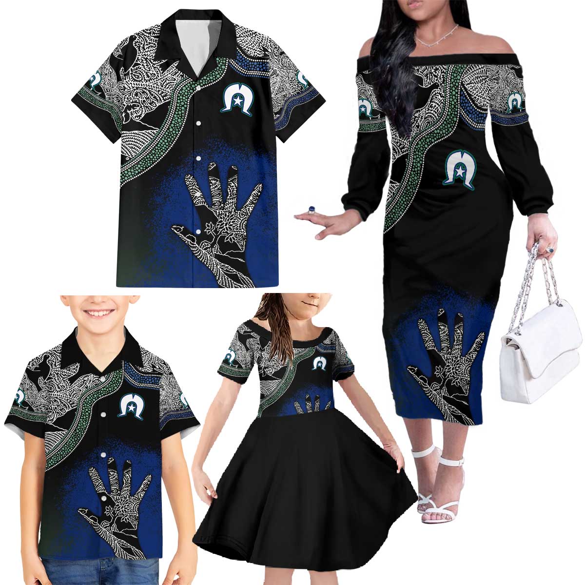 Black And White Aboriginal - Torres Strait Islanders Flag Family Matching Off Shoulder Long Sleeve Dress and Hawaiian Shirt TS04