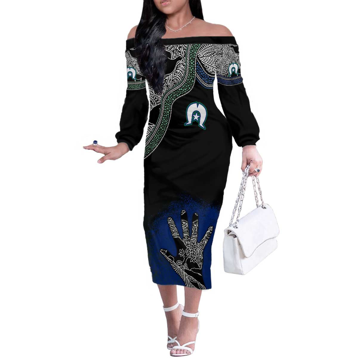 Black And White Aboriginal - Torres Strait Islanders Flag Family Matching Off Shoulder Long Sleeve Dress and Hawaiian Shirt TS04