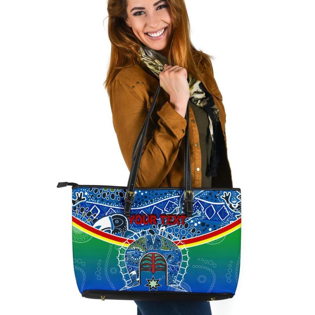 personalised-large-leather-tote-bag-torres-strait-symbol-with-aboriginal-patterns