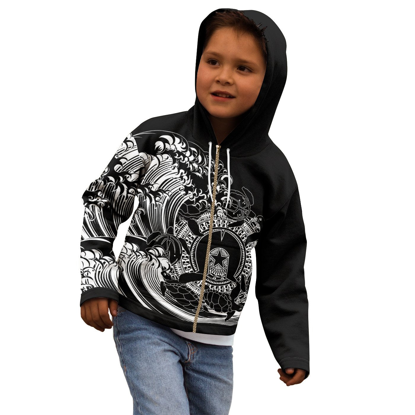 aboriginal-kid-zip-up-hoodie-torres-strait-islands-in-wave-black