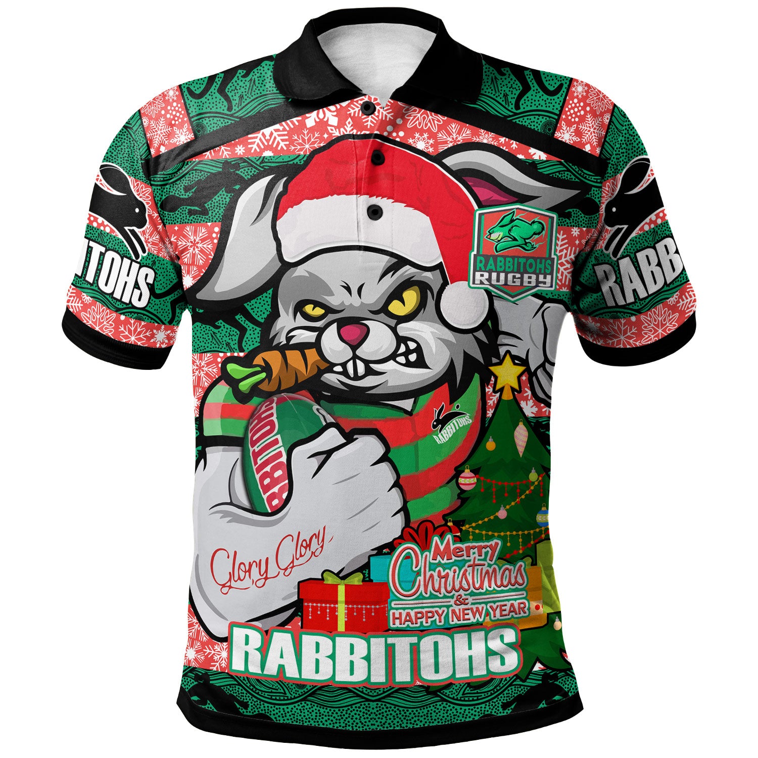 rabbitohs-christmas-rugby-polo-shirt-merry-christmas-super-rabbitohs-with-rugby-ball-and-aboriginal-patterns-custom-polo-shirt