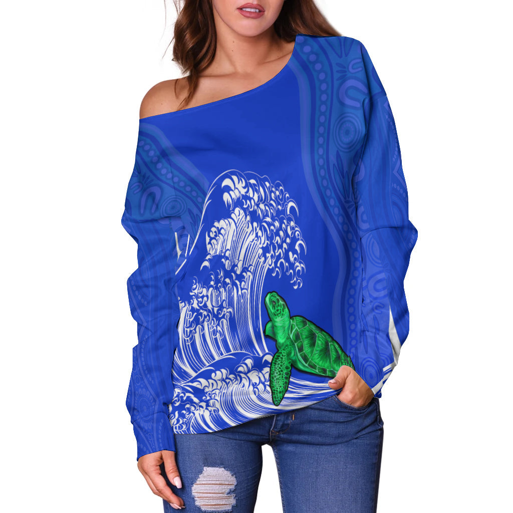 custom-personalised-torres-strait-islands-off-shoulder-sweater-the-dhari-mix-aboriginal-turtle-version-blue-lt13