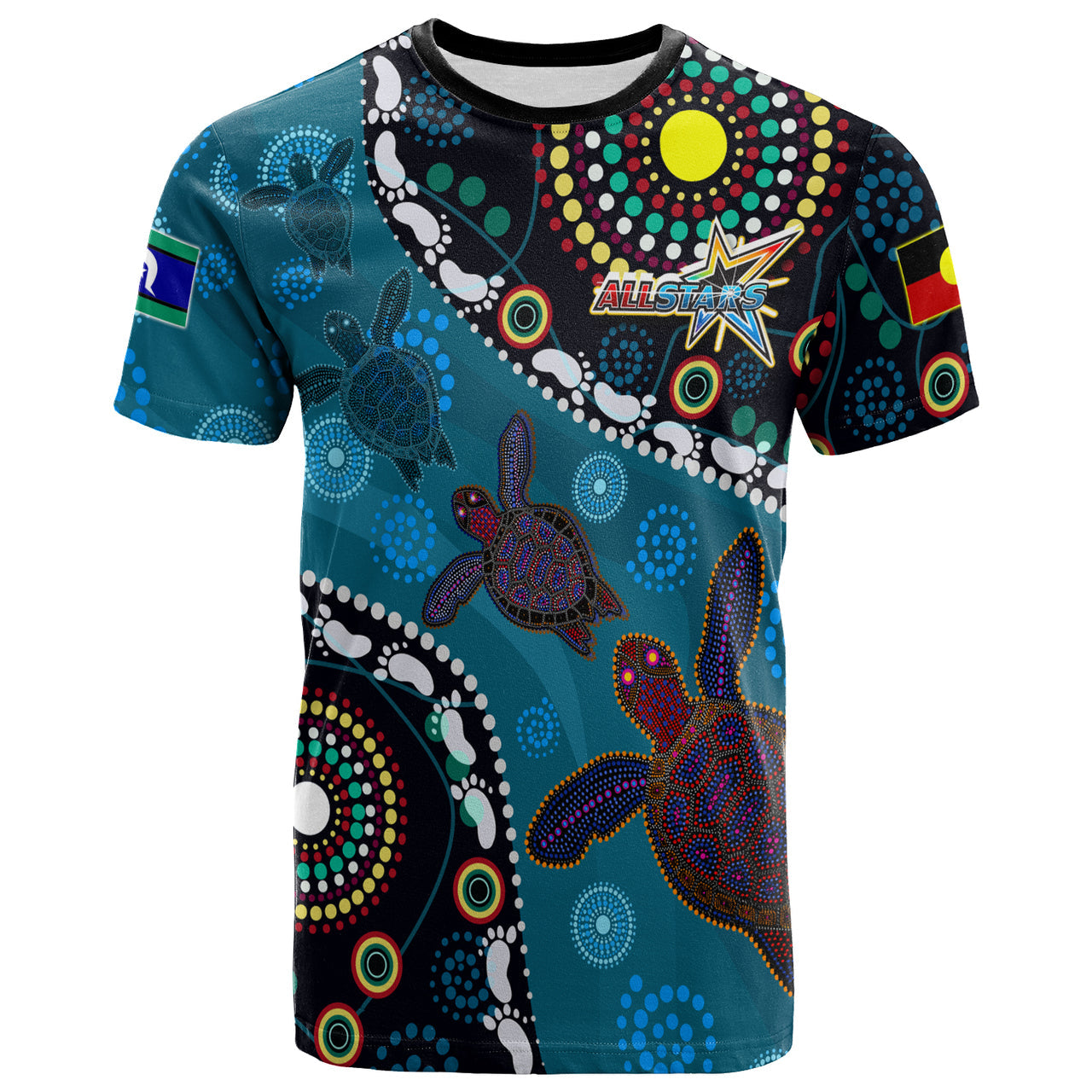 indigenous-all-stars-rugby-custom-t-shirt-dreamtime-turtle-with-aboriginal-and-torres-strait-islanders-flag-rlt13