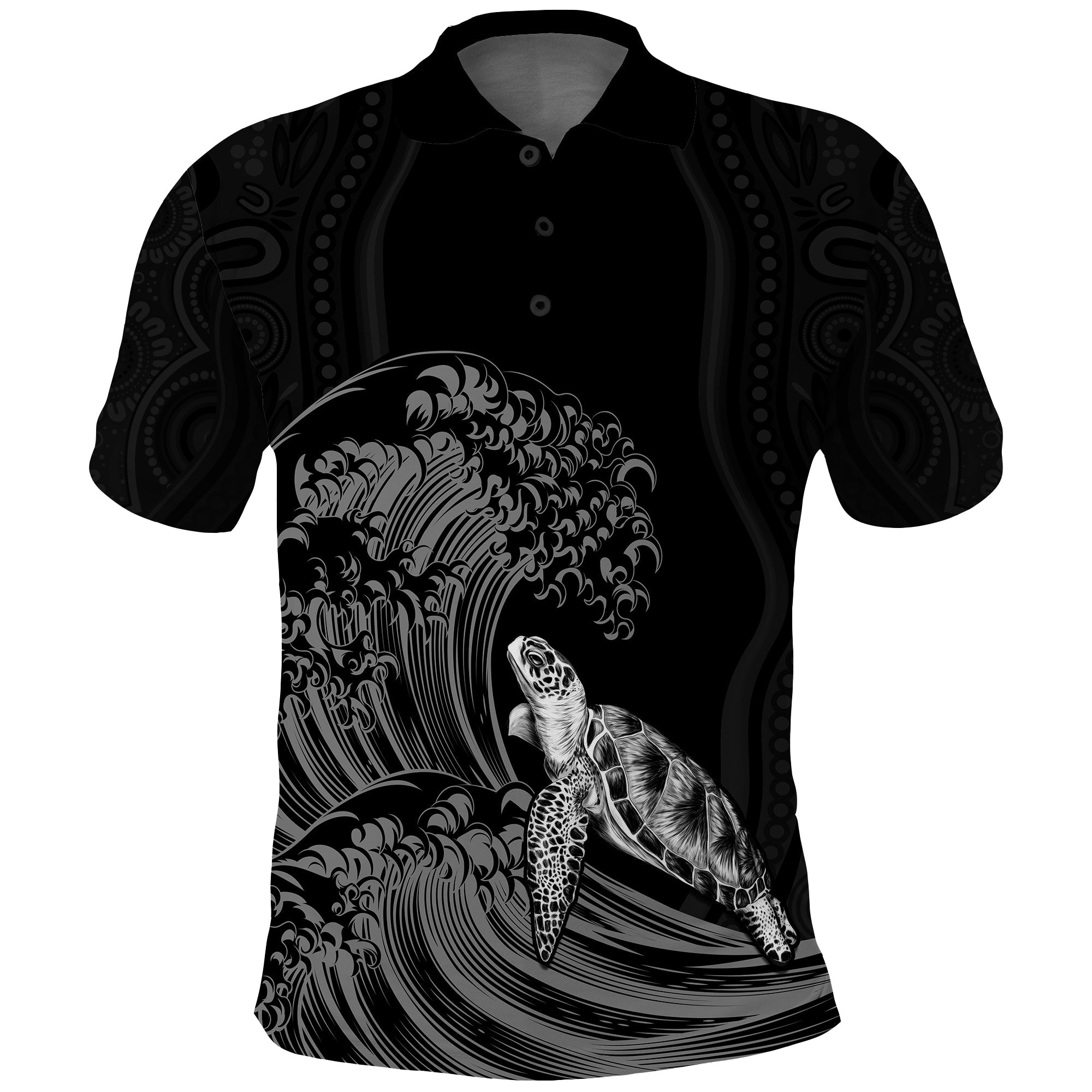 torres-strait-islands-polo-shirt-the-dhari-mix-aboriginal-turtle-version-black-lt13