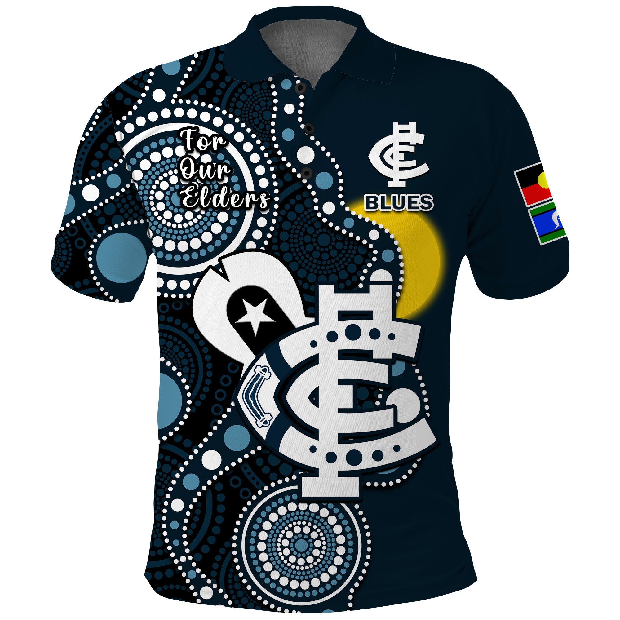 custom-text-and-number-carlton-football-naidoc-2023-polo-shirt-blues-for-our-elders-indigenous-art