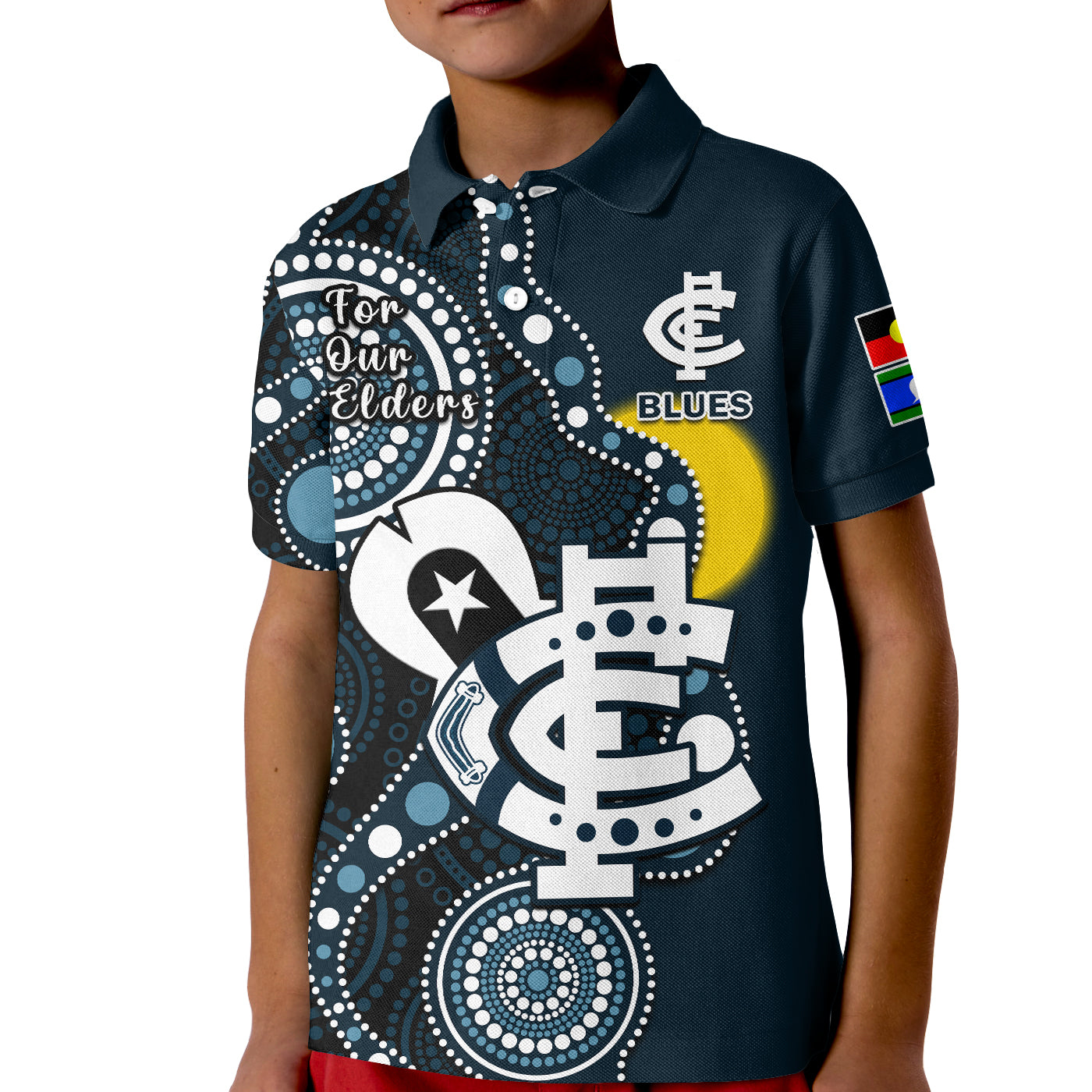 custom-text-and-number-carlton-football-naidoc-2023-polo-shirt-blues-for-our-elders-indigenous-art