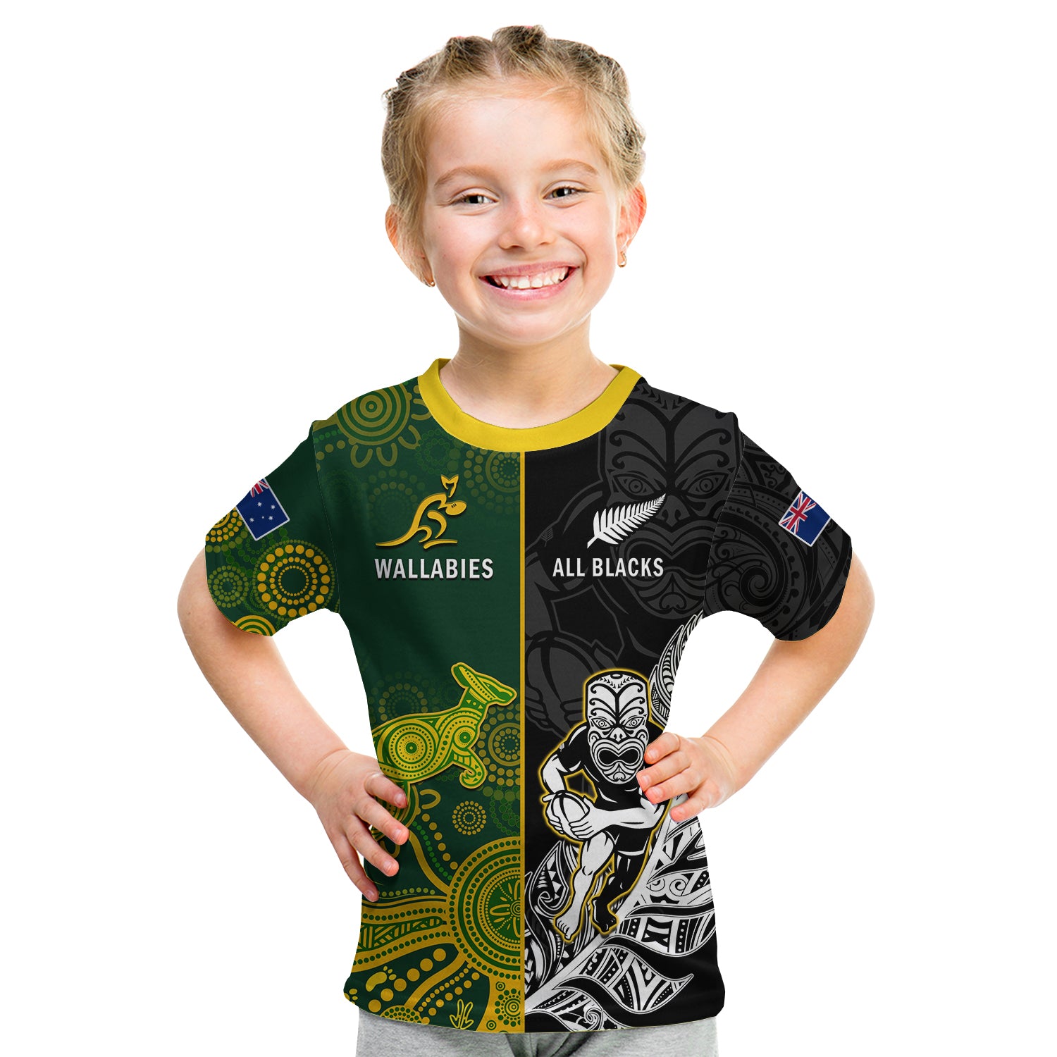 (Custom Personalised) Wallabies Rugby Mix All Black Rugby 2022 T Shirt KID LT14