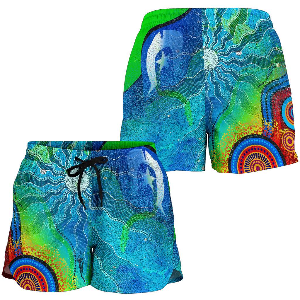 womens-shorts-torres-strait-islanders-flag-with-aboriginal-patterns-shorts