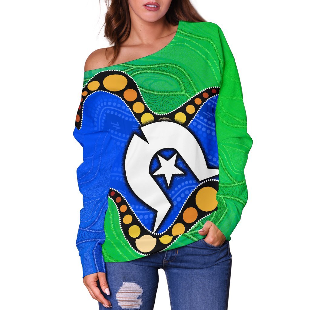 torres-strait-islands-womens-off-shoulder-sweater-flag-with-aboriginal-patterns