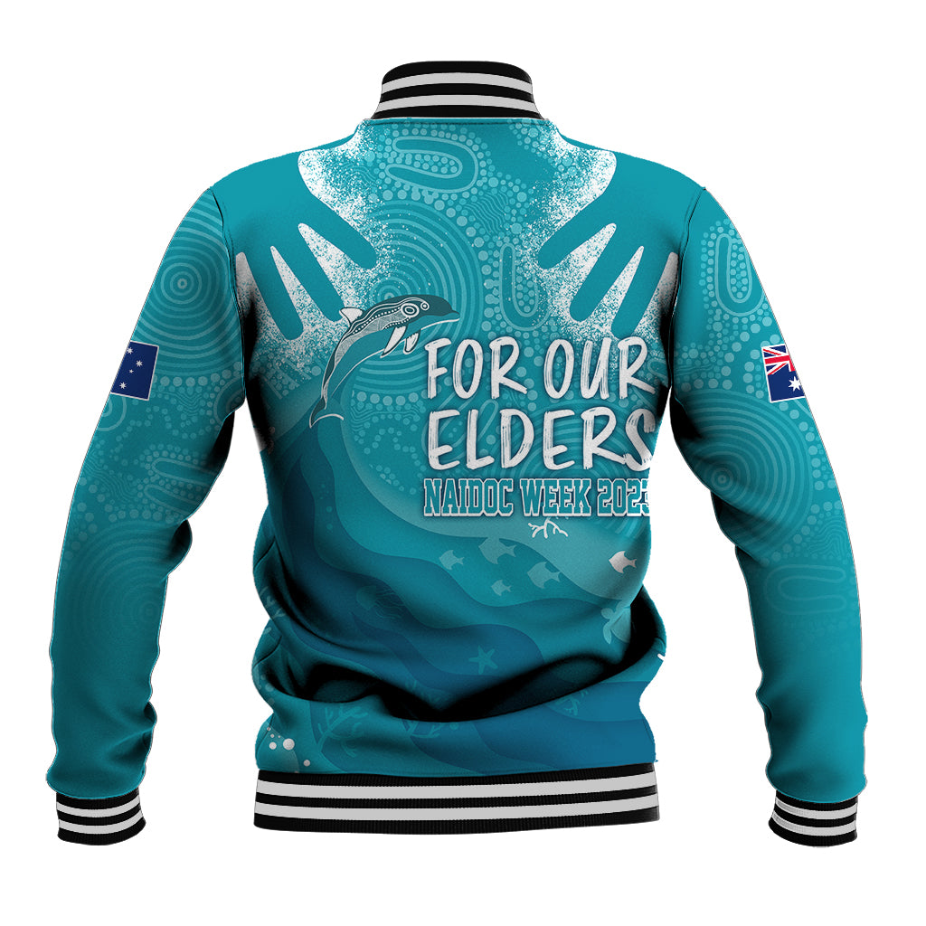 naidoc-week-2023-baseball-jacket-for-our-elders-torres-strait-dolphin-aboriginal-dot-arts