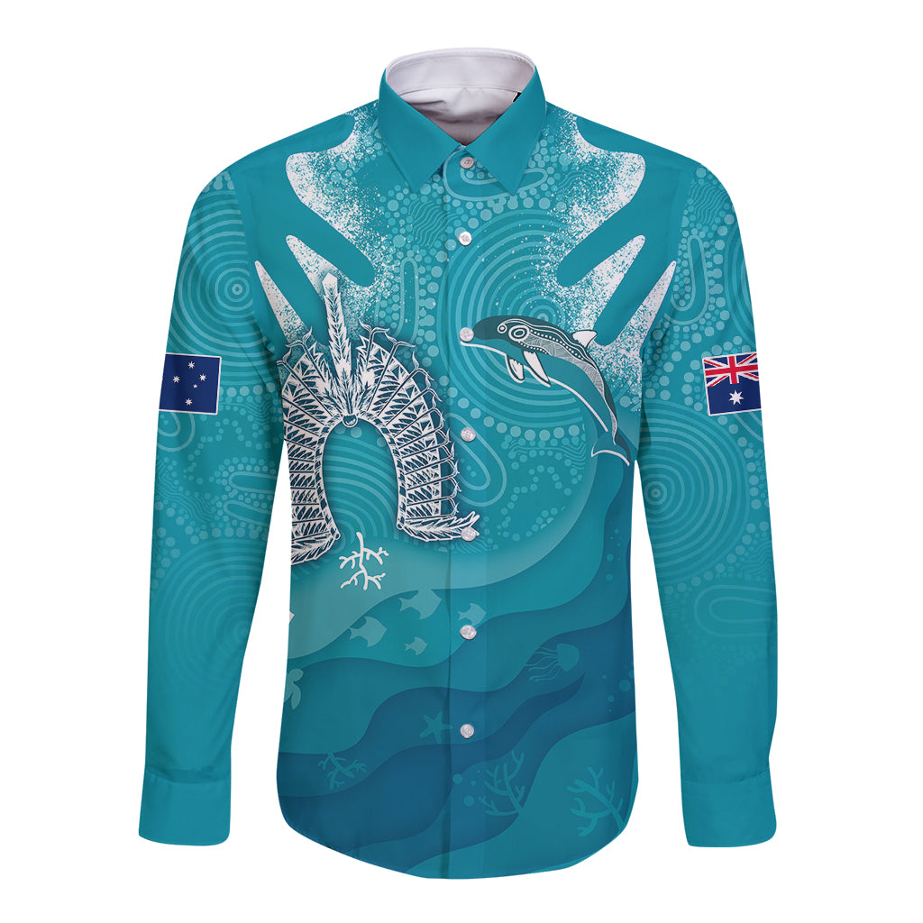 naidoc-week-2023-long-sleeve-button-shirt-for-our-elders-torres-strait-dolphin-aboriginal-dot-arts