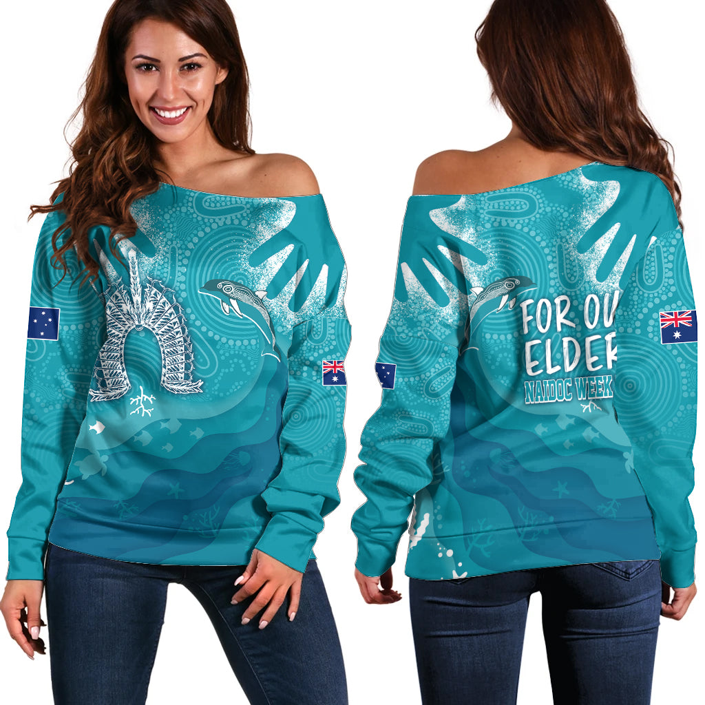 naidoc-week-2023-off-shoulder-sweater-for-our-elders-torres-strait-dolphin-aboriginal-dot-arts