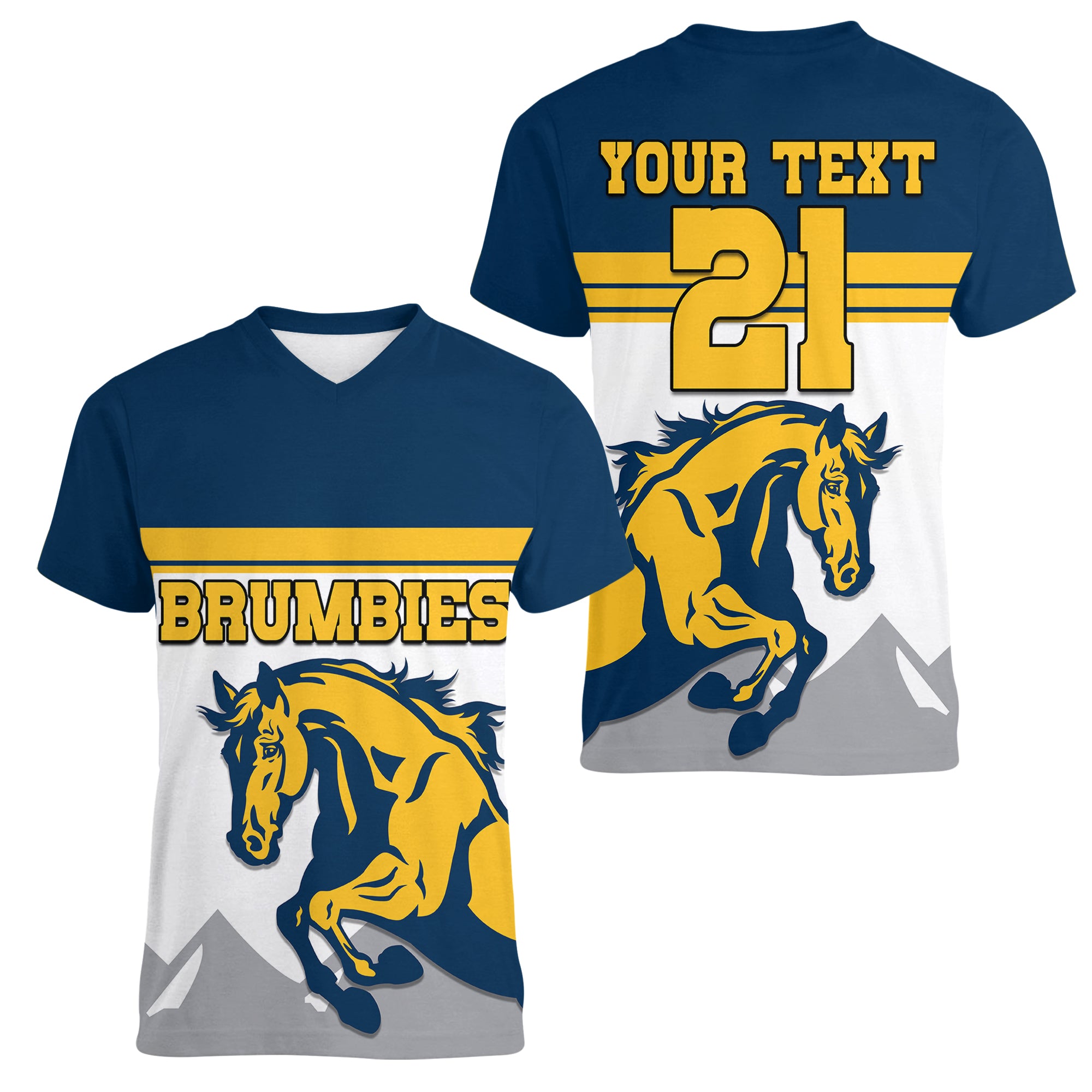 custom-text-and-number-brumbies-rugby-union-women-v-neck-t-shirt-australia-silhouettes-of-horses