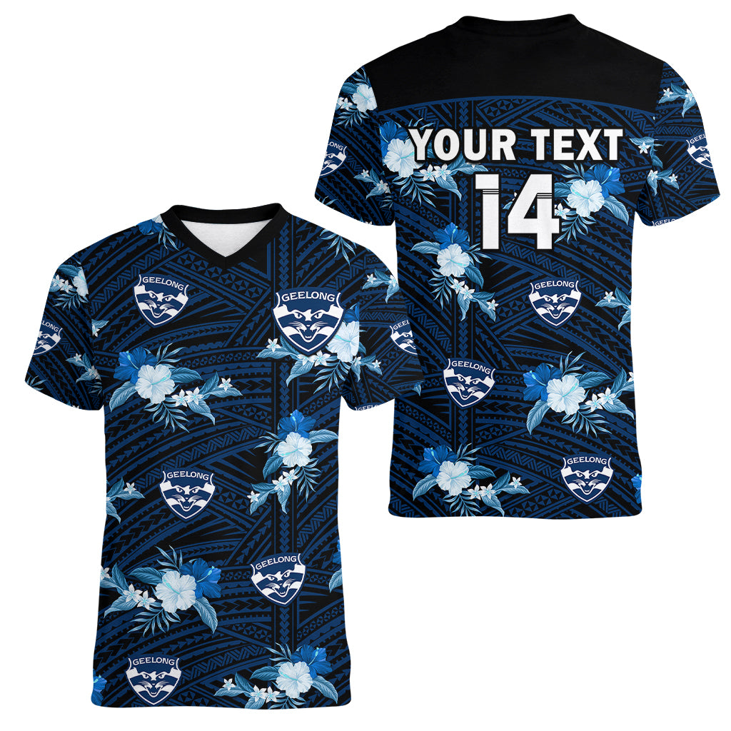 custom-text-and-number-geelong-cats-football-women-v-neck-t-shirt-polynesian-tribal-mix-tropical-hawaiian-style