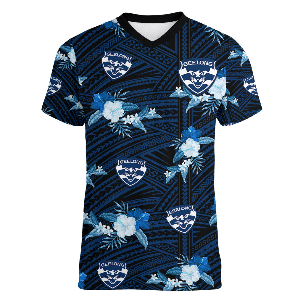 custom-text-and-number-geelong-cats-football-women-v-neck-t-shirt-polynesian-tribal-mix-tropical-hawaiian-style